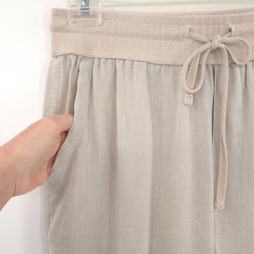 Elan 100% linen pull-on straight pants Size M begie tan elastic drawstring waist - Picture 2 of 8
